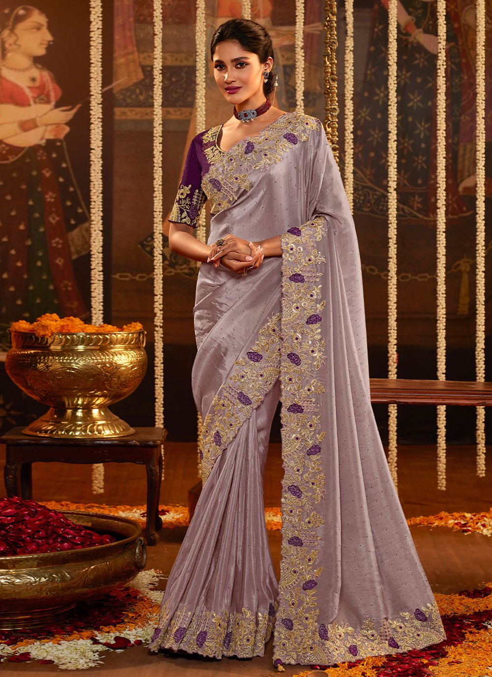 Designer Viscose Lavender Embroidered Saree