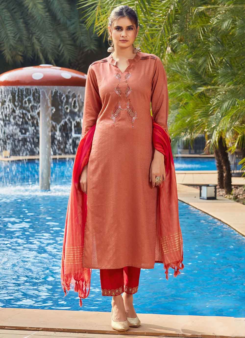 Salwar Suit Viscose Peach Embroidered Salwar Kameez