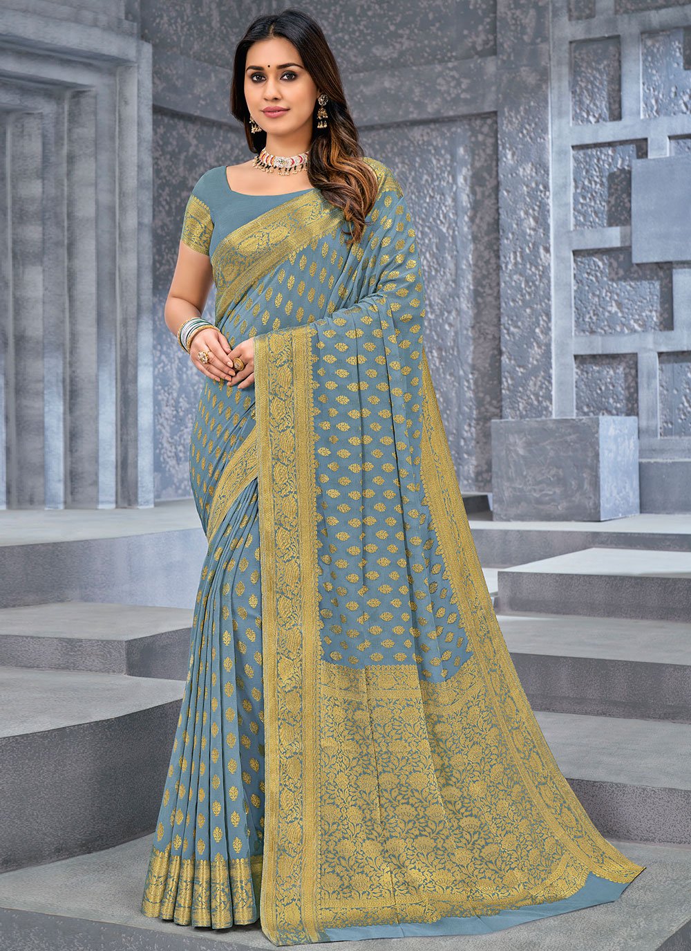 Trendy Saree Chiffon Viscose Grey Weaving Saree