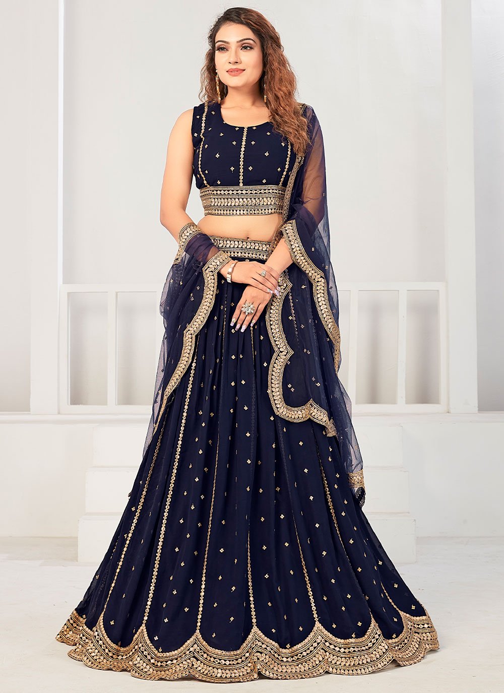 Lehenga Choli Georgette Viscose Blue Embroidered Lehenga Choli