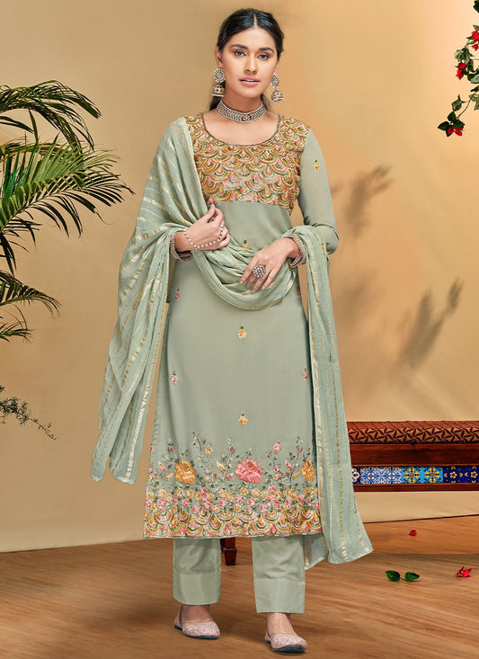 Straight Salwar Suit Georgette Viscose Sea Green Embroidered Salwar Kameez