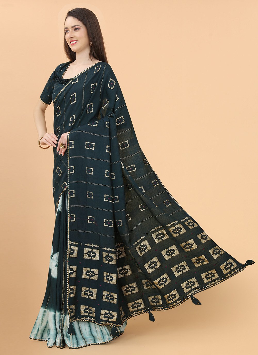 Classic Silk Viscose Teal Print Saree