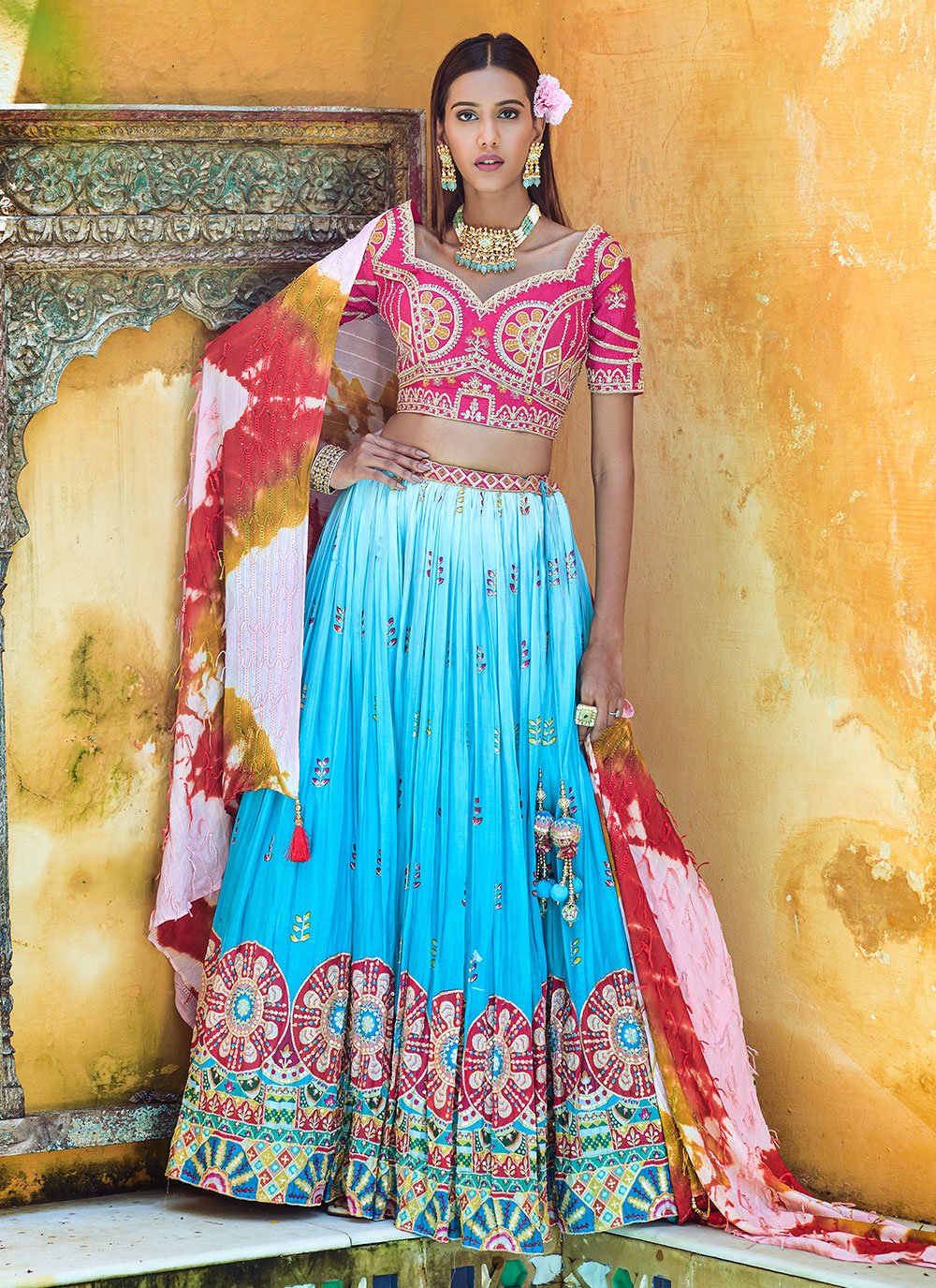 Lehenga Choli Viscose Aqua Blue Digital Print Lehenga Choli