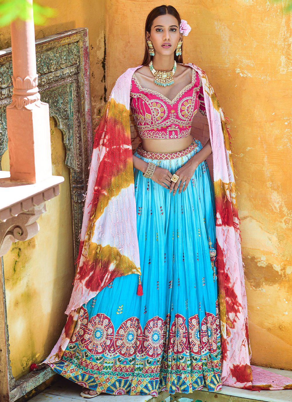 Lehenga Choli Viscose Aqua Blue Digital Print Lehenga Choli