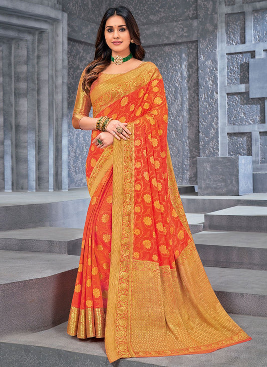 Traditional Saree Chiffon Viscose Orange Weaving Saree