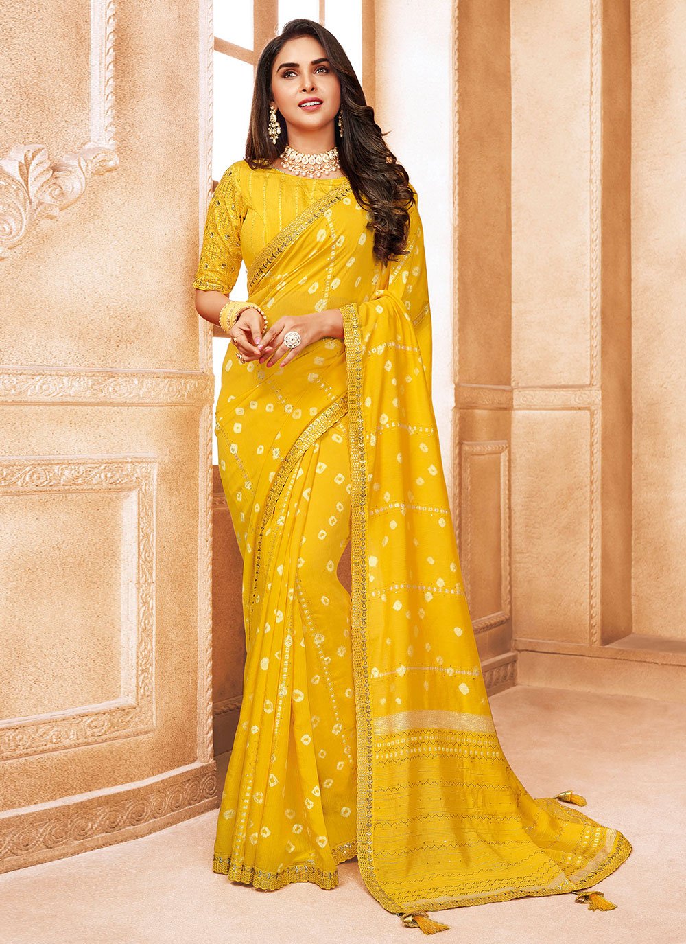 Classic Cotton Viscose Yellow Patch Border Saree