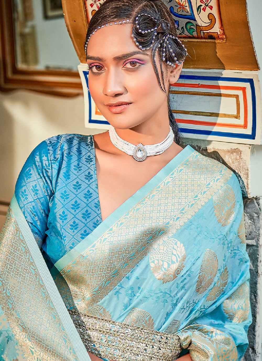 Designer Banarasi Silk Aqua Blue Weaving Saree