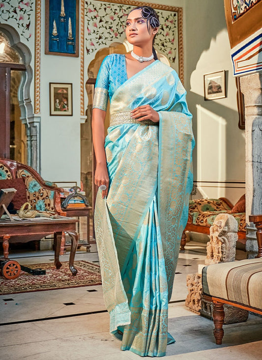 Designer Banarasi Silk Aqua Blue Weaving Saree