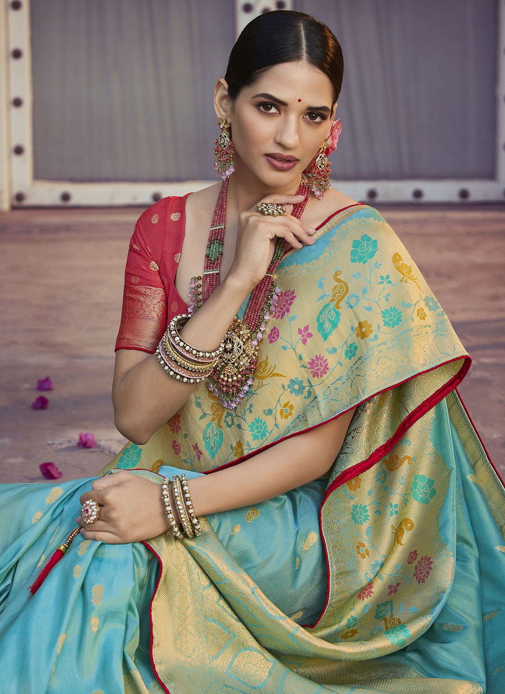 Contemporary Art Silk Aqua Blue Meenakari Saree