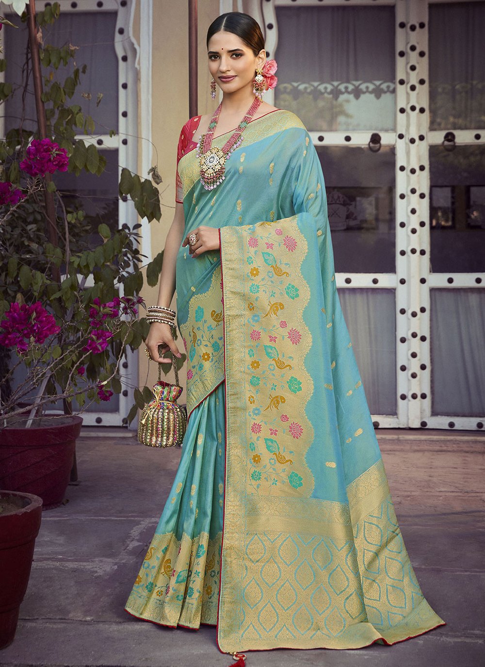 Contemporary Art Silk Aqua Blue Meenakari Saree