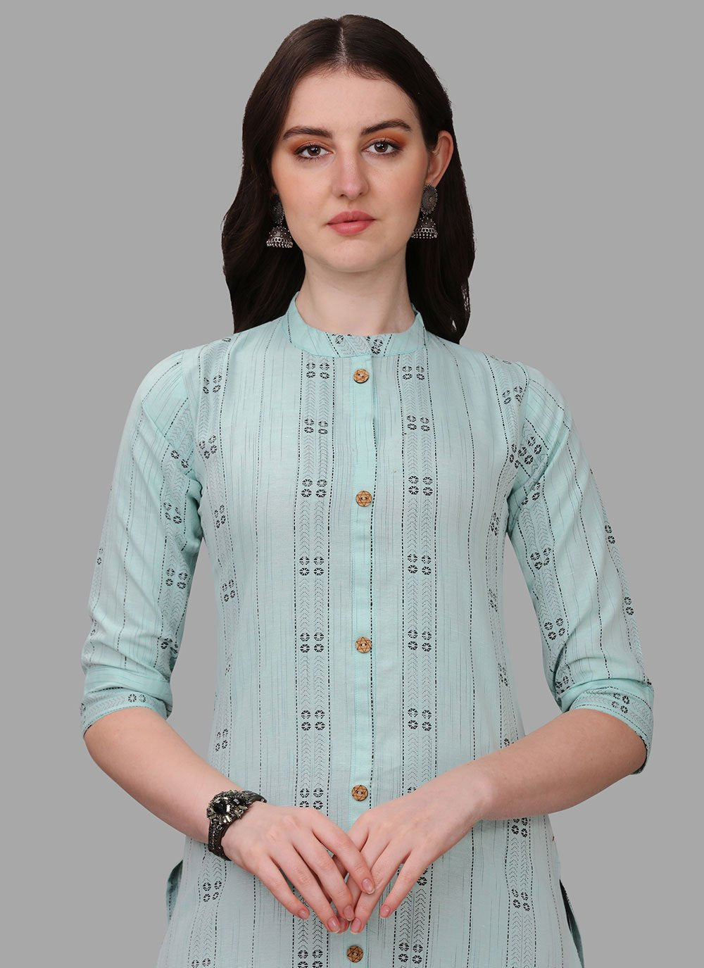 Party Wear Kurti Cotton Aqua Blue Weaving Kurtis