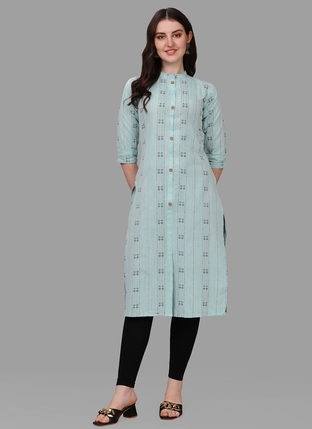 Party Wear Kurti Cotton Aqua Blue Weaving Kurtis