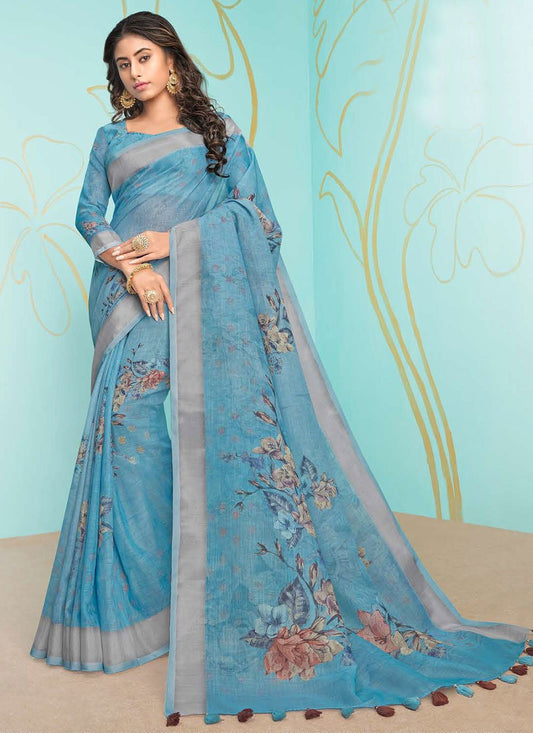 Classic Organza Aqua Blue Digital Print Saree