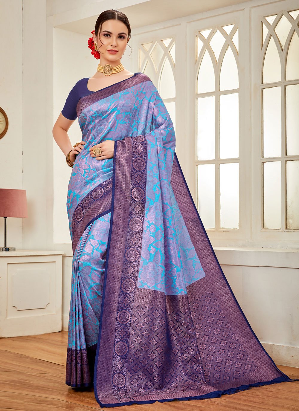 Classic Silk Aqua Blue Weaving Saree