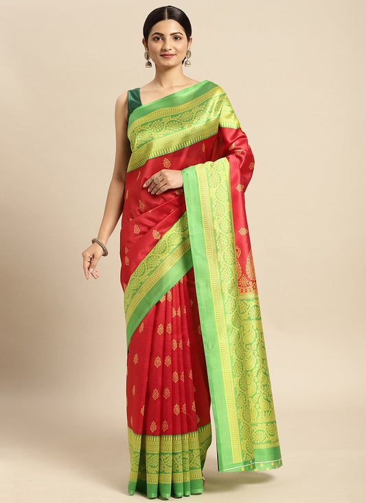 Casual Art Silk Red Weaving Saree