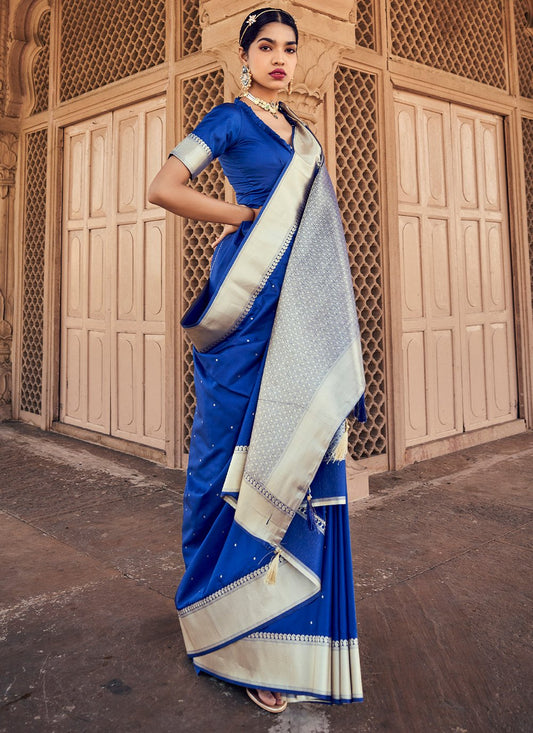 Classic Banarasi Silk Satin Silk Blue Weaving Saree