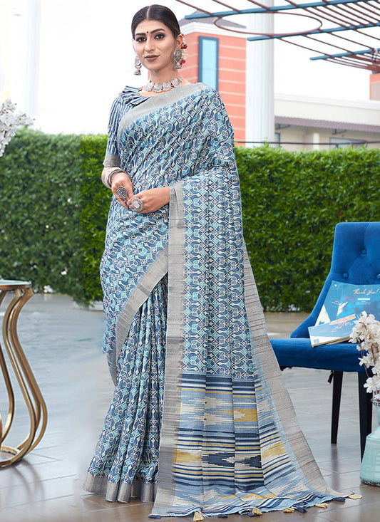 Classic Banarasi Silk Blue Digital Print Saree