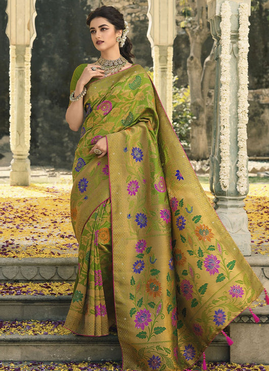 Contemporary Banarasi Silk Green Swarovski Saree