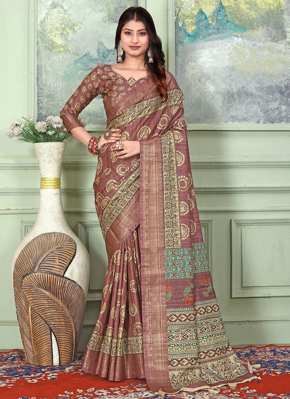 Contemporary Banarasi Silk Tussar Silk Mauve Weaving Saree