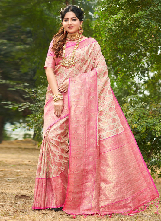 Traditional Saree Banarasi Silk Cream Magenta Weaving Saree