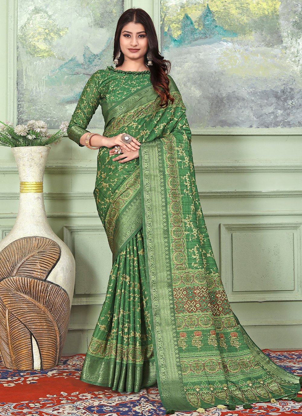 Traditional Saree Banarasi Silk Tussar Silk Green Weaving Saree