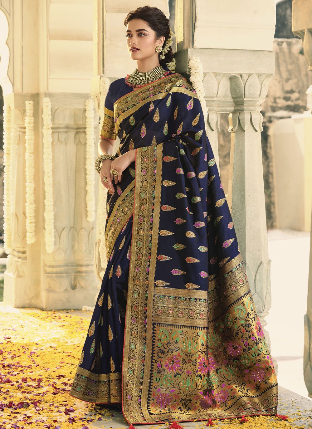 Contemporary Banarasi Silk Blue Swarovski Saree