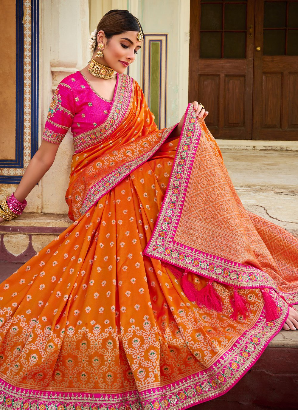 Contemporary Banarasi Silk Orange Weaving Saree