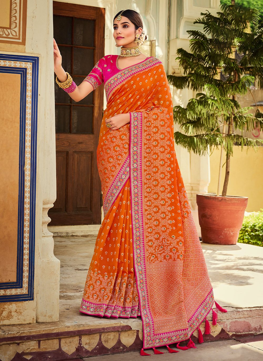 Contemporary Banarasi Silk Orange Weaving Saree