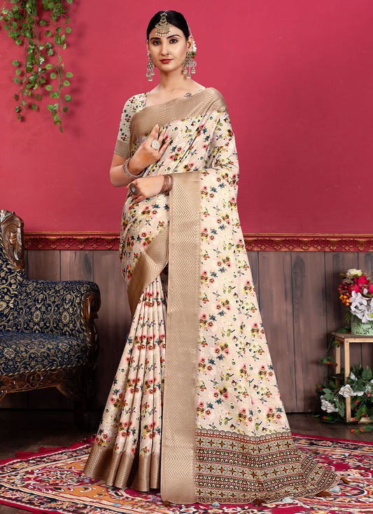 Trendy Saree Banarasi Silk Tussar Silk Cream Patch Border Saree