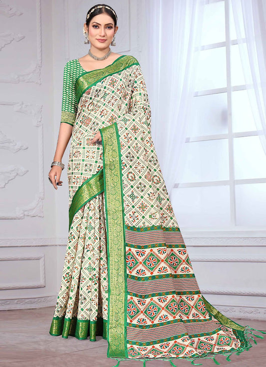 Trendy Saree Banarasi Silk Green Off White Patch Border Saree