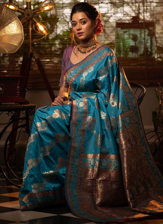 Trendy Saree Banarasi Silk Turquoise Weaving Saree