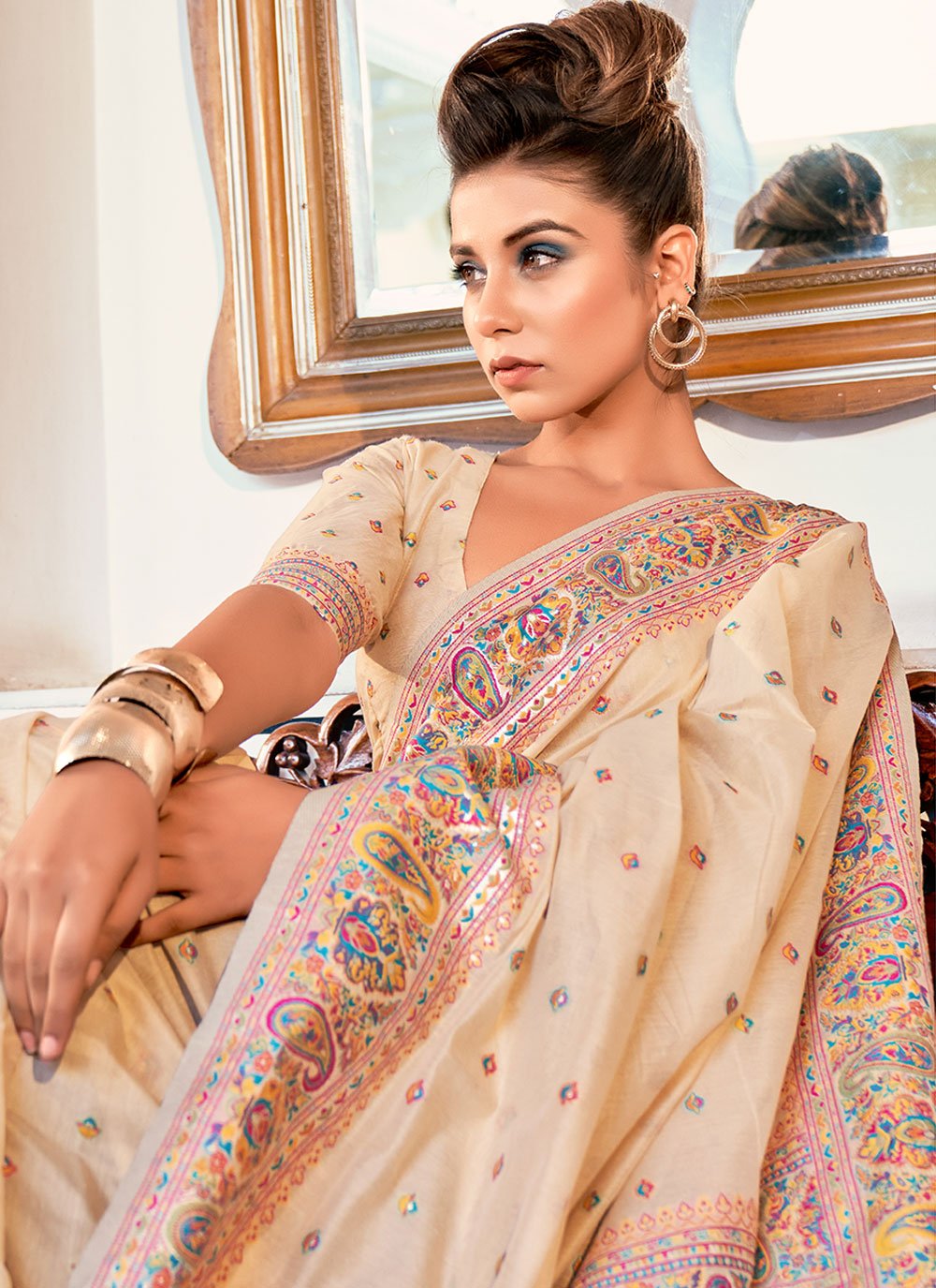 Classic Satin Silk Beige Weaving Saree