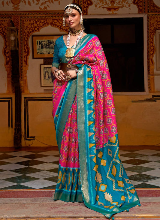 Classic Patola Silk Blue Pink Weaving Saree