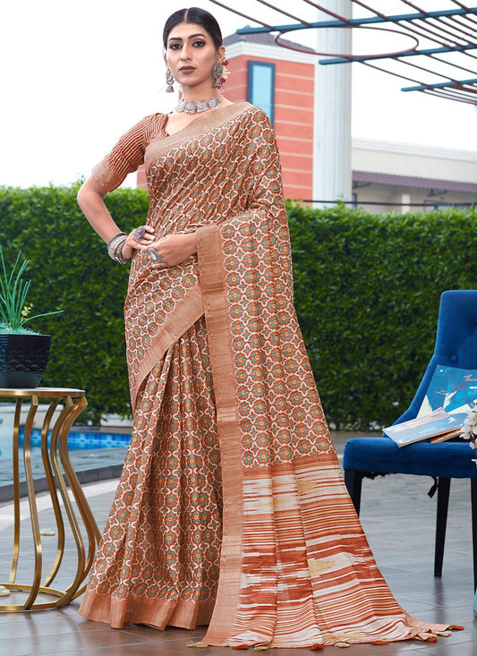 Contemporary Banarasi Silk Brown Digital Print Saree