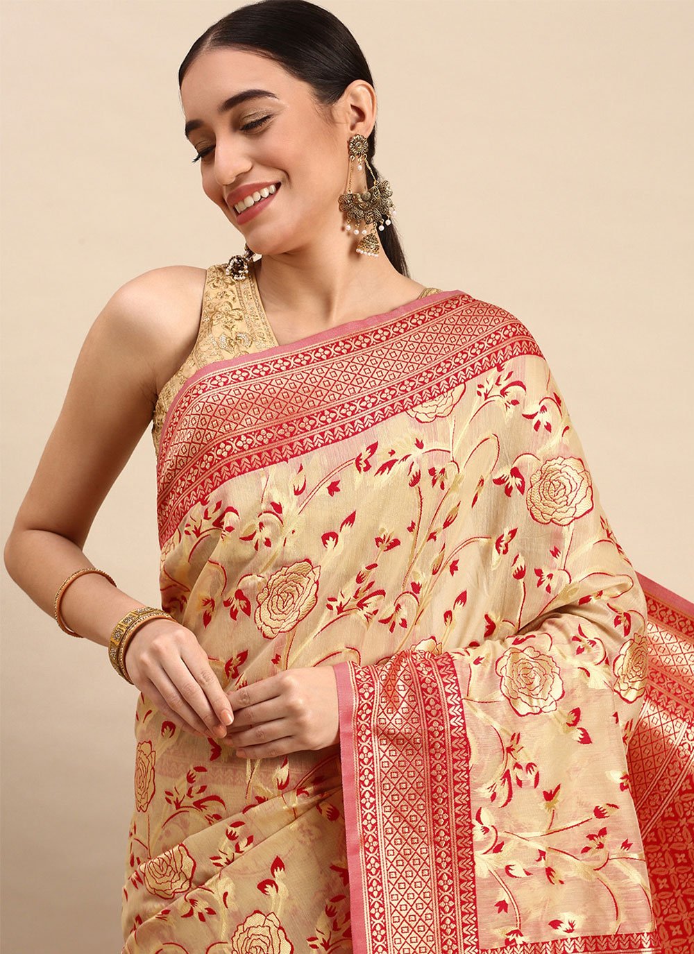 Contemporary Soft Cotton Cream Weaving Saree