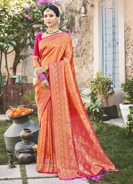 Traditional Saree Kanjivaram Silk Orange Weaving Saree