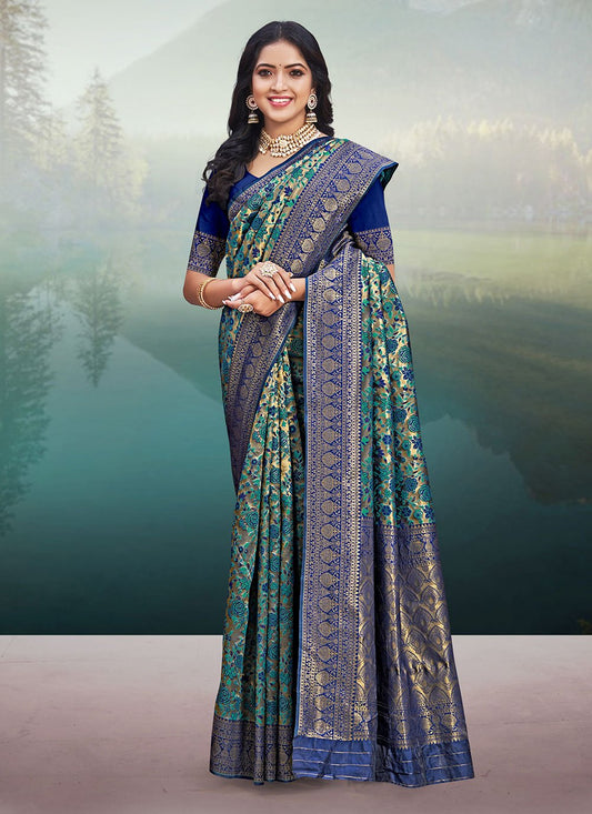 Traditional Saree Banarasi Silk Blue Cream Weaving Saree