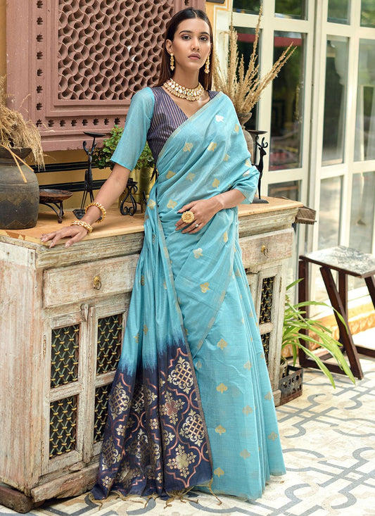 Designer Chanderi Silk Firozi Weaving Saree