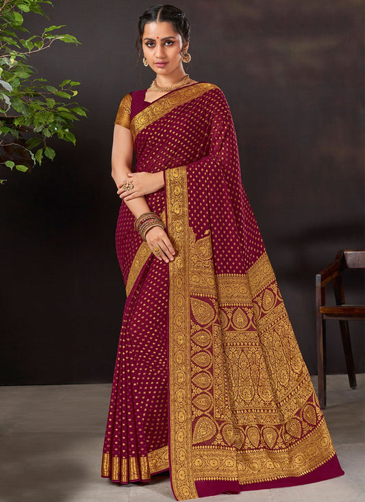 Classic Chiffon Viscose Maroon Weaving Saree