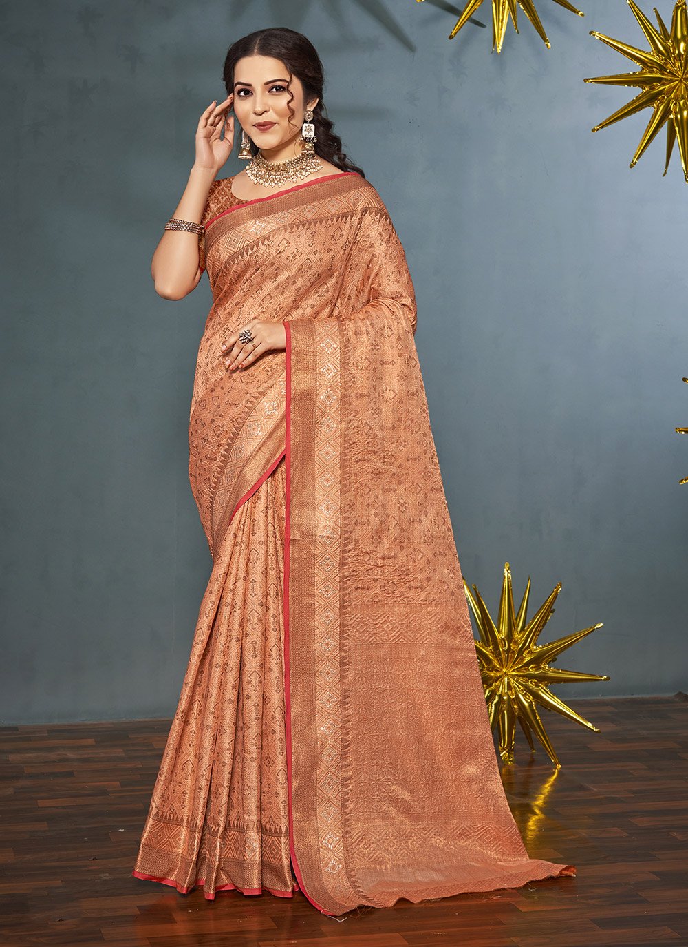 Designer Banarasi Silk Peach Weaving Saree