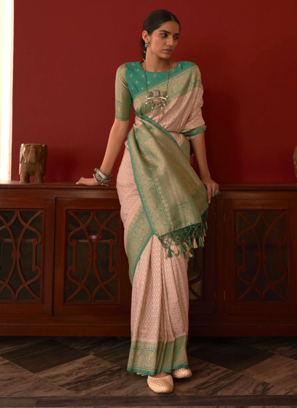 Classic Silk Peach Weaving Saree