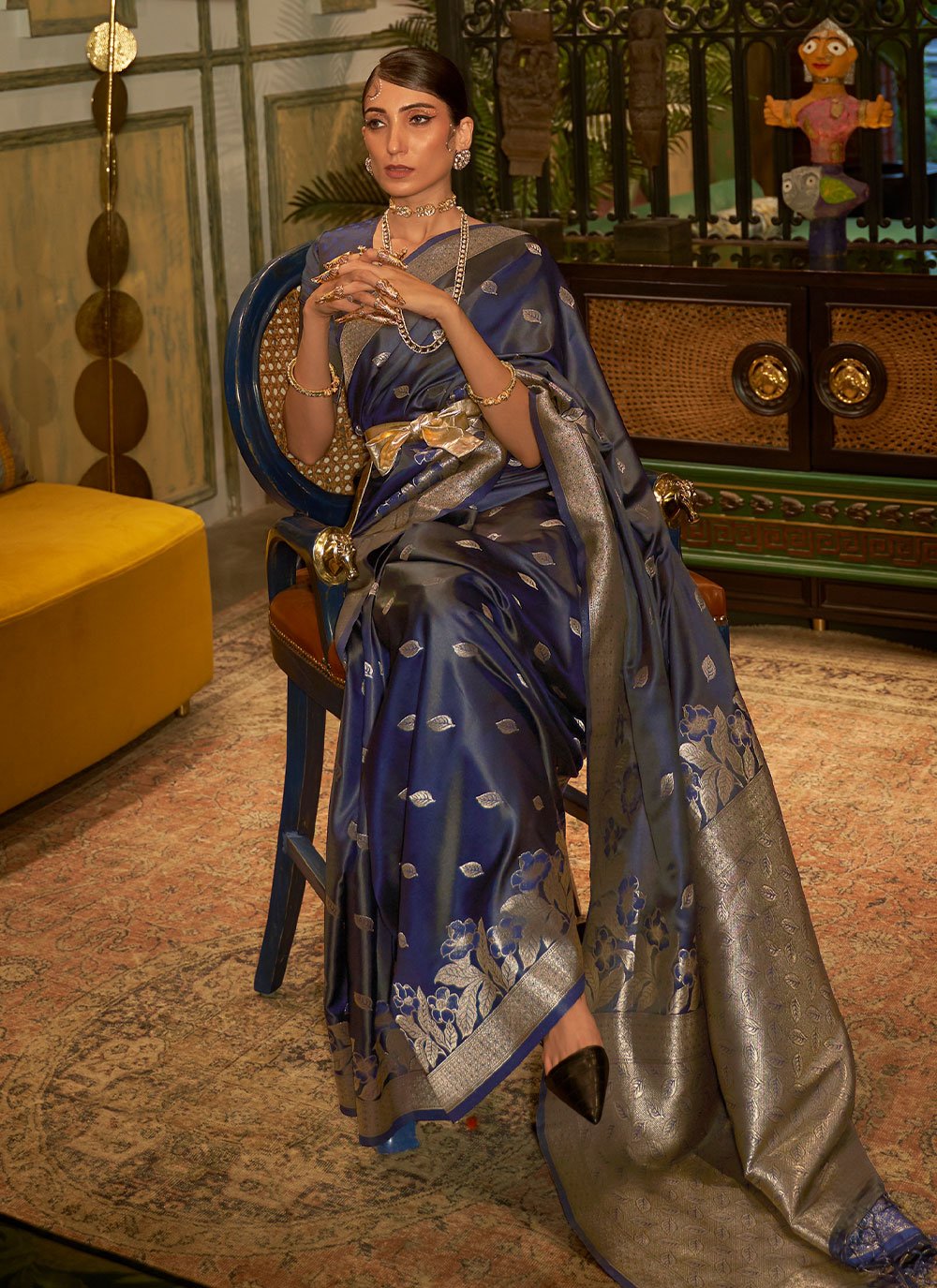 Classic Handloom Silk Satin Blue Weaving Saree