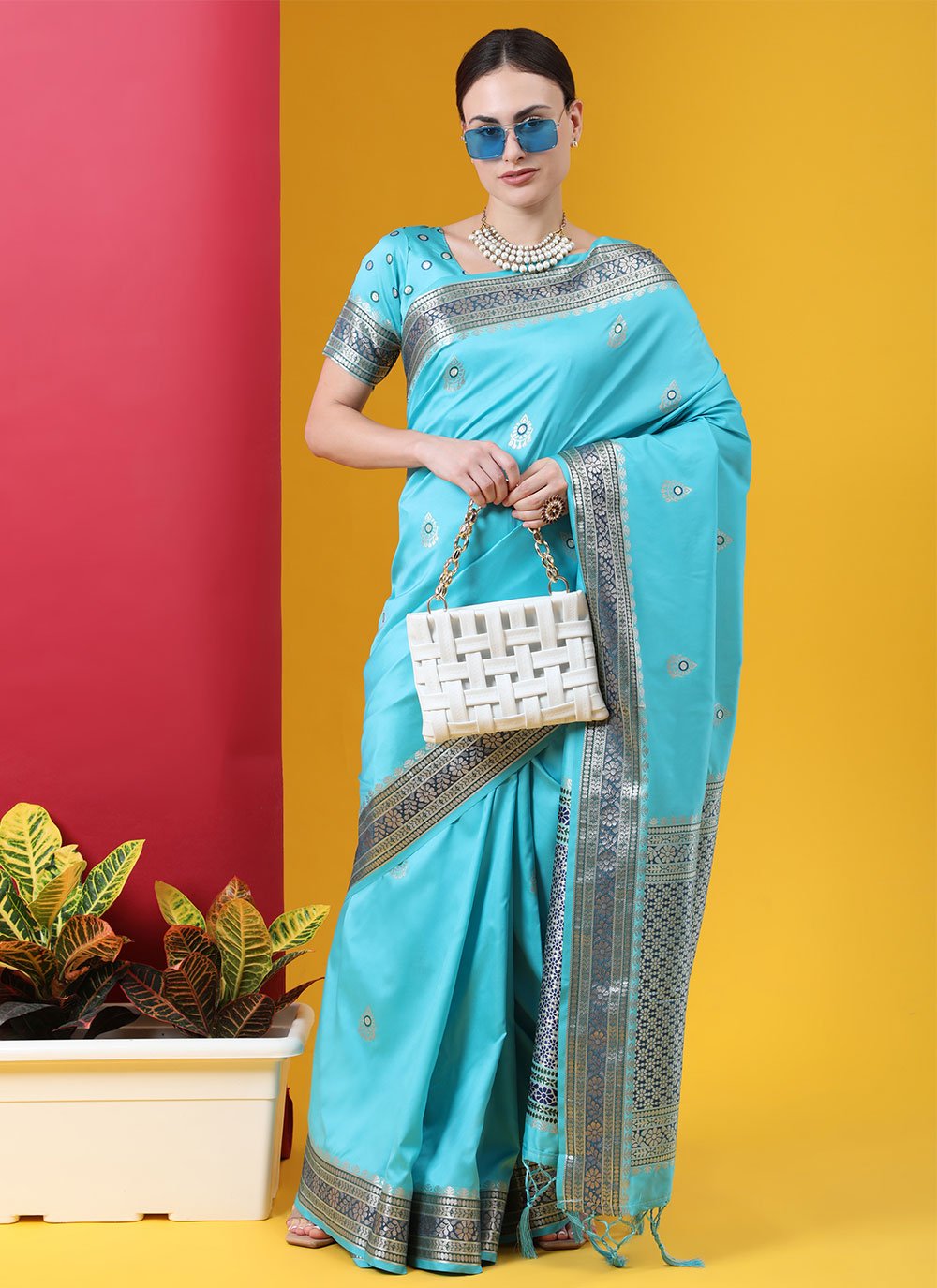 Contemporary Banarasi Silk Aqua Blue Weaving Saree