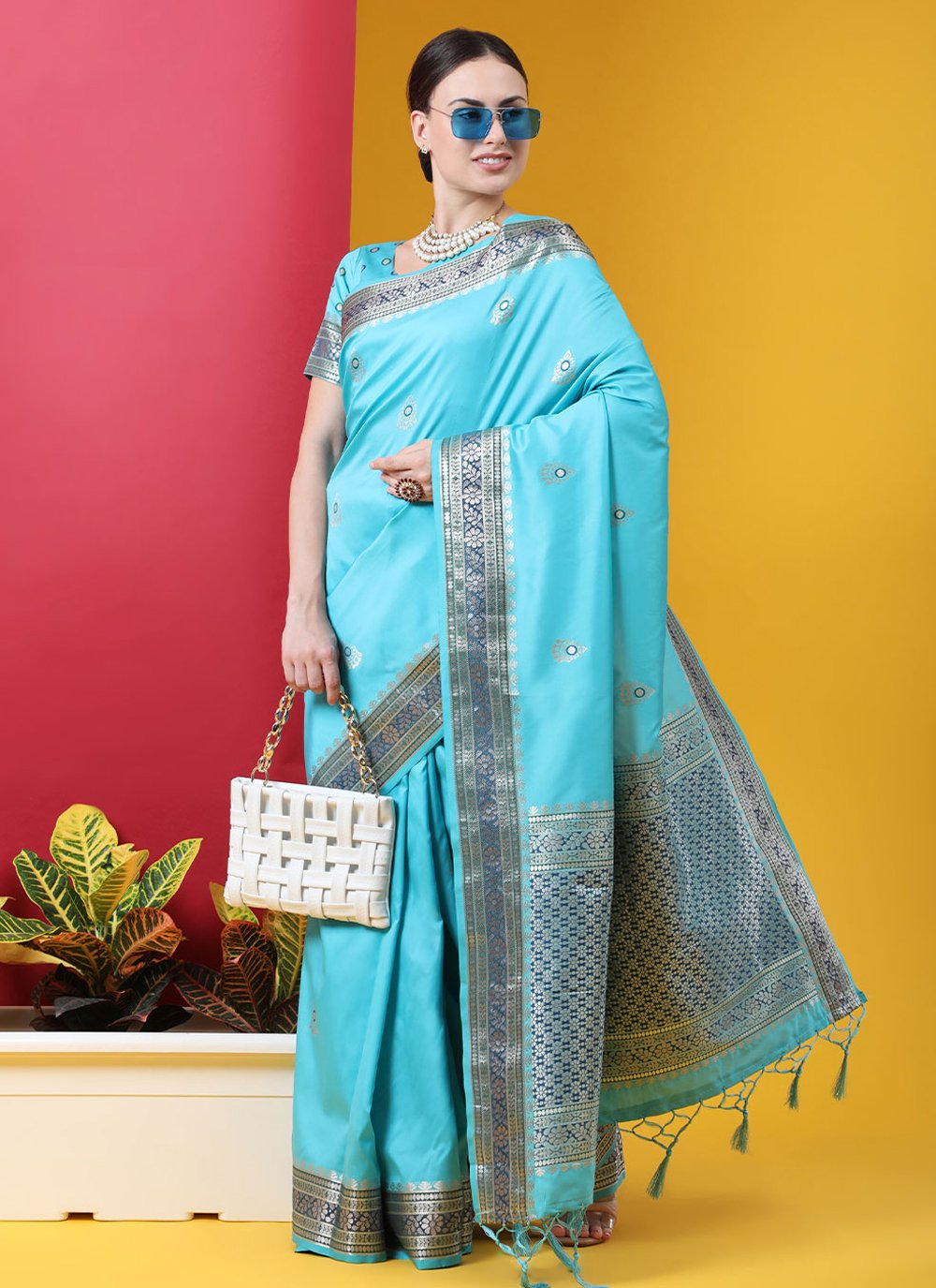 Contemporary Banarasi Silk Aqua Blue Weaving Saree