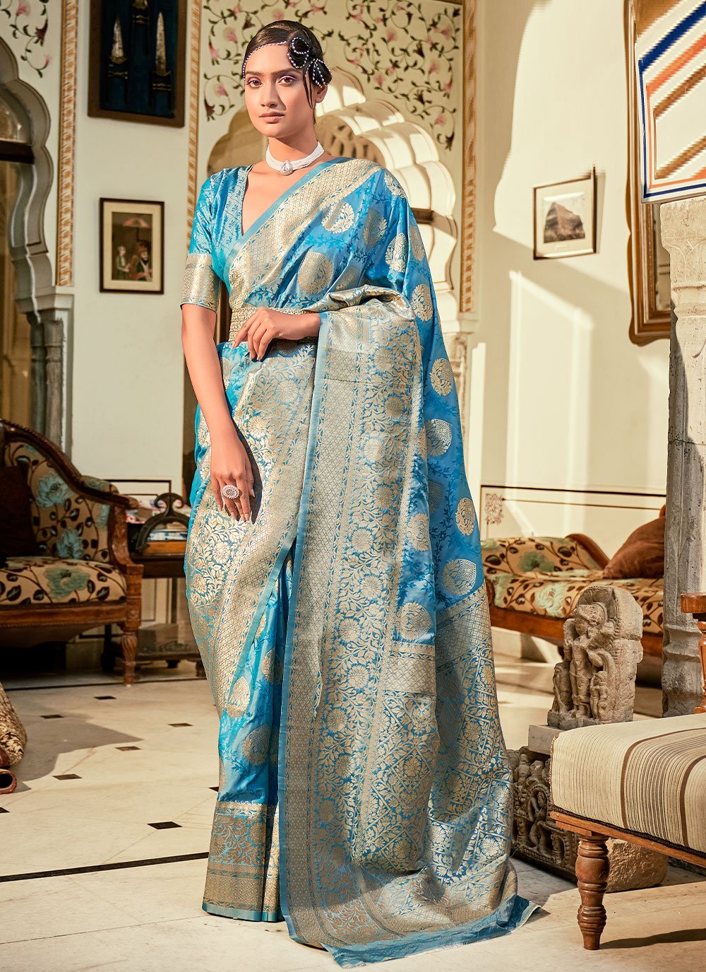 Contemporary Banarasi Silk Blue Weaving Saree