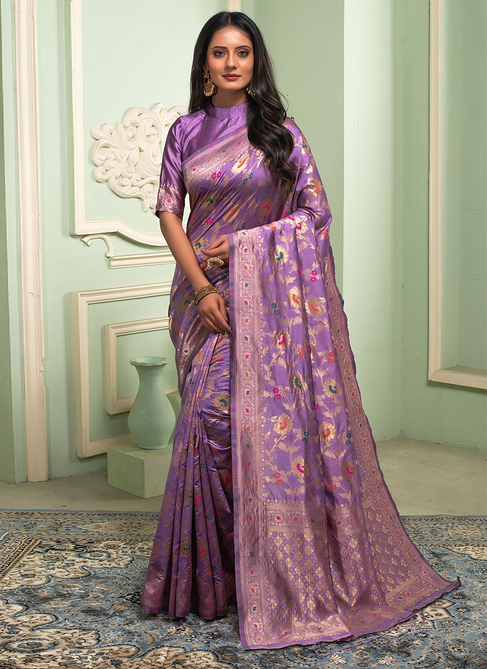 Contemporary Silk Lavender Weaving Saree