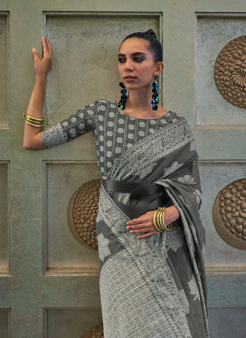 Contemporary Lucknowi Grey Chikankari Work Saree