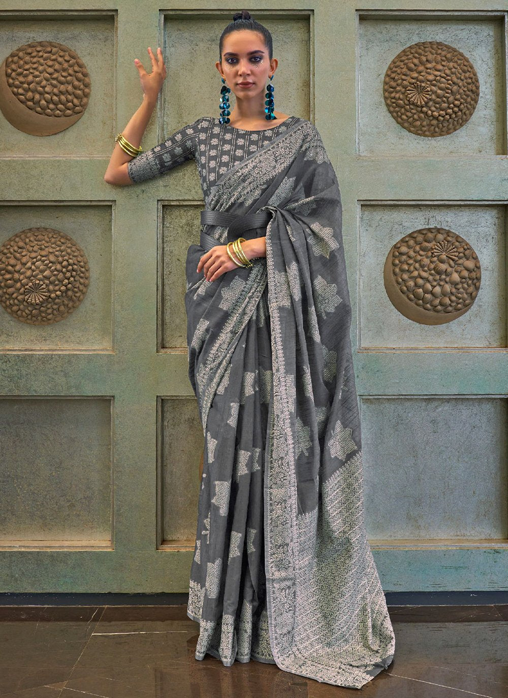 Contemporary Lucknowi Grey Chikankari Work Saree