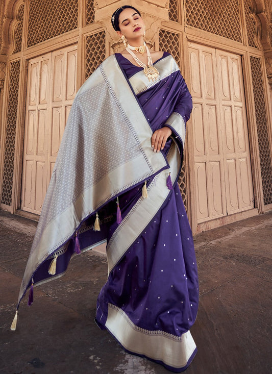 Contemporary Banarasi Silk Satin Silk Purple Weaving Saree