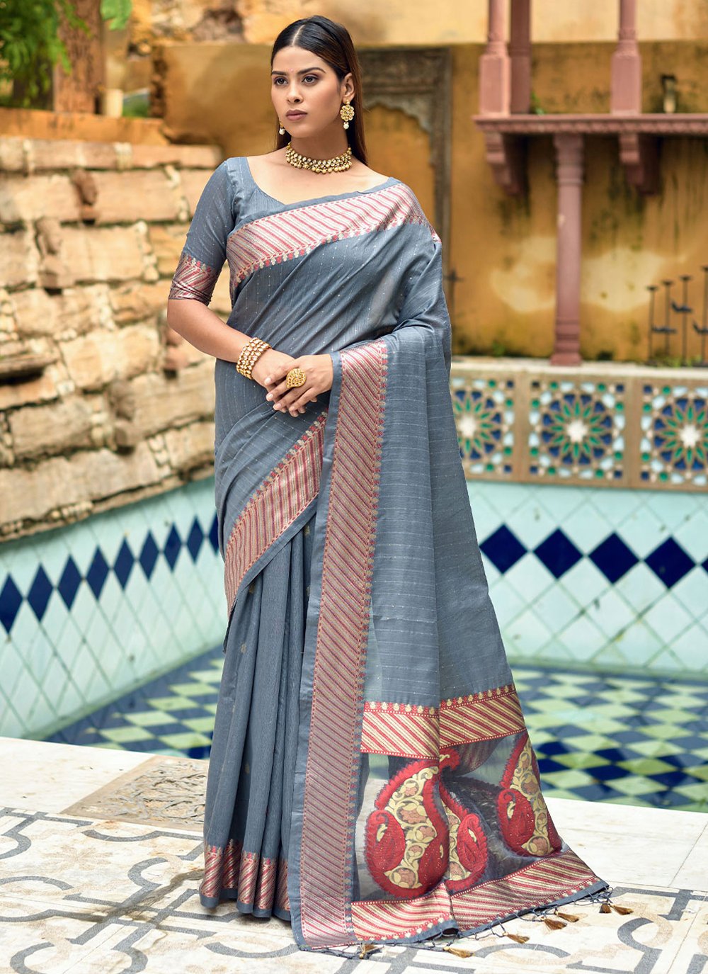 Classic Cotton Silk Grey Weaving Saree